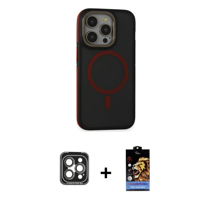 MARSİLYAN™- iPhone 15 Pro Max Kılıf Ahenk Form Serisi - Siyah Buffer Hayalet Cam Ekran Koruyucu + PVD Metal Kamera Lens - GI