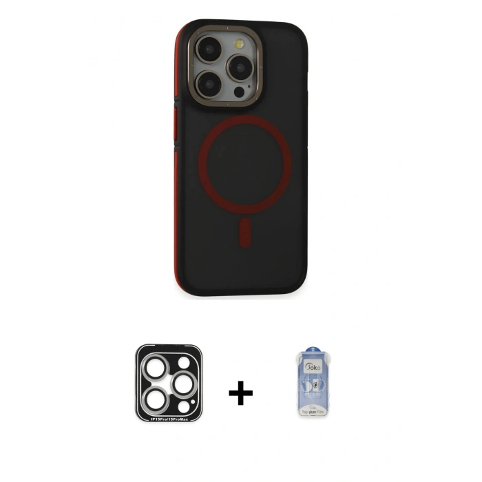 MARSİLYAN™- iPhone 15 Pro Max Kılıf Ahenk Form Serisi - Siyah Joko Magic 5D Cam + Gümüş PVD Metal Kamera Lens