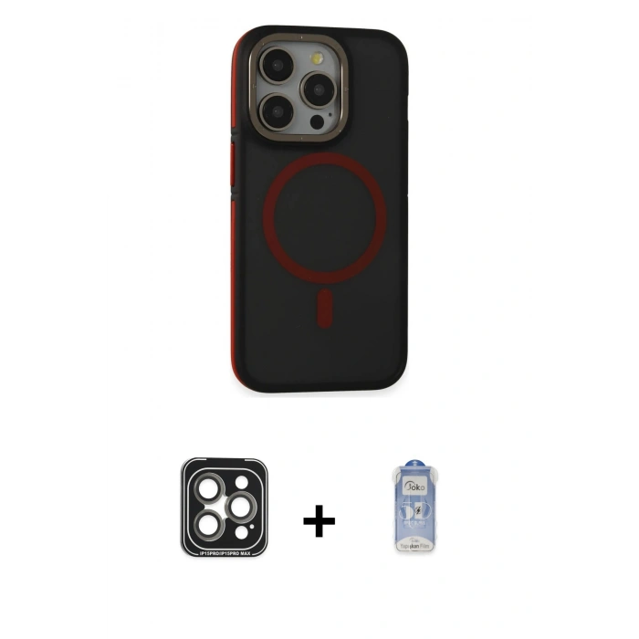 MARSİLYAN™- iPhone 15 Pro Max Kılıf Ahenk Form Serisi - Siyah Joko Magic 5D Cam + PVD Metal Kamera Lens - GI