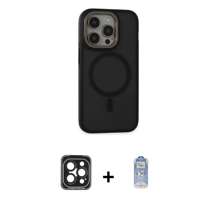 MARSİLYAN™- iPhone 15 Pro Max Kılıf Ahenk Form Serisi - Siyah Joko Magic 5D Cam + PVD Metal Kamera Lens - SH