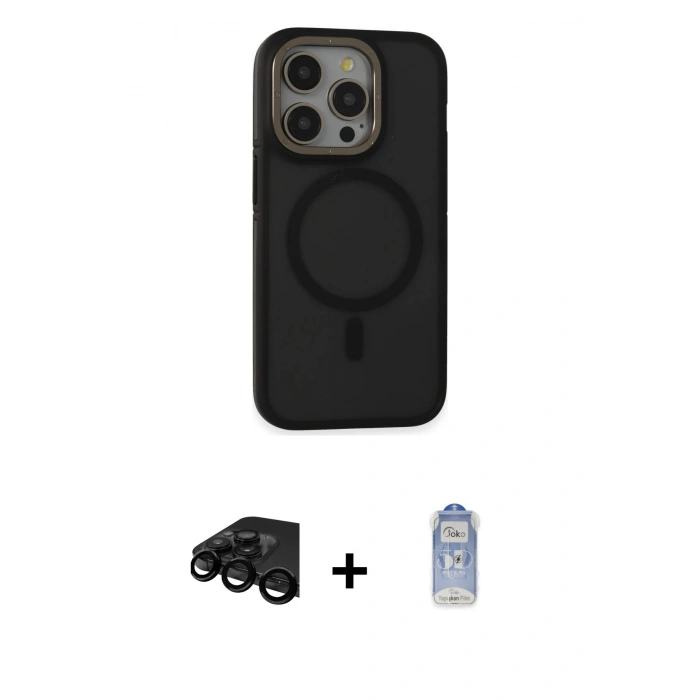 MARSİLYAN™- iPhone 15 Pro Max Kılıf Ahenk Form Serisi - Siyah Joko Magic 5D Cam + Raze Metal Kamera Lens - SH