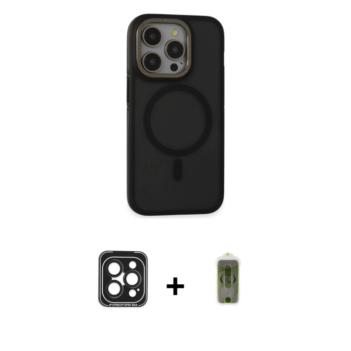 MARSİLYAN™- iPhone 15 Pro Max Kılıf Ahenk Form Serisi - Siyah Joko Magic 5D Hayalet Cam + PVD Metal Kamera Lens - SH