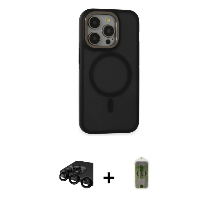 MARSİLYAN™- iPhone 15 Pro Max Kılıf Ahenk Form Serisi - Siyah Joko Magic 5D Hayalet Cam + Siyah Raze Metal Kamera Lens