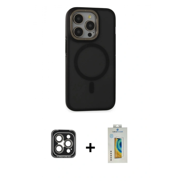 MARSİLYAN™- iPhone 15 Pro Max Kılıf Ahenk Form Serisi - Siyah Polymer Nano Ekran Koruyucu + Gri PVD Metal Kamera Lens