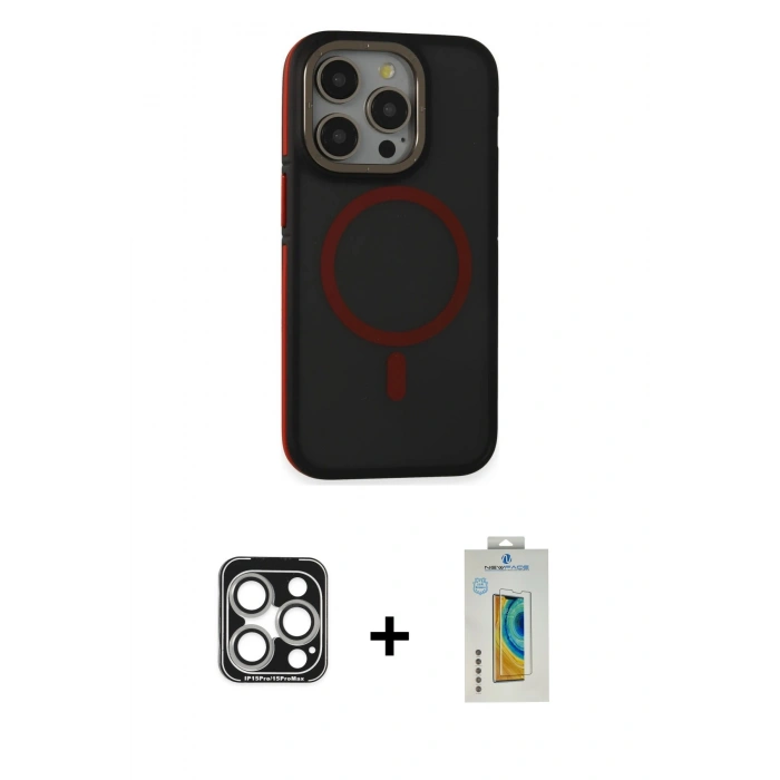 MARSİLYAN™- iPhone 15 Pro Max Kılıf Ahenk Form Serisi - Siyah Polymer Nano Ekran Koruyucu + PVD Metal Kamera Lens - GS