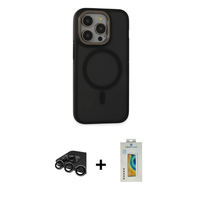 MARSİLYAN™- iPhone 15 Pro Max Kılıf Ahenk Form Serisi - Siyah Polymer Nano Ekran Koruyucu + Raze Metal Kamera Lens - TMGI