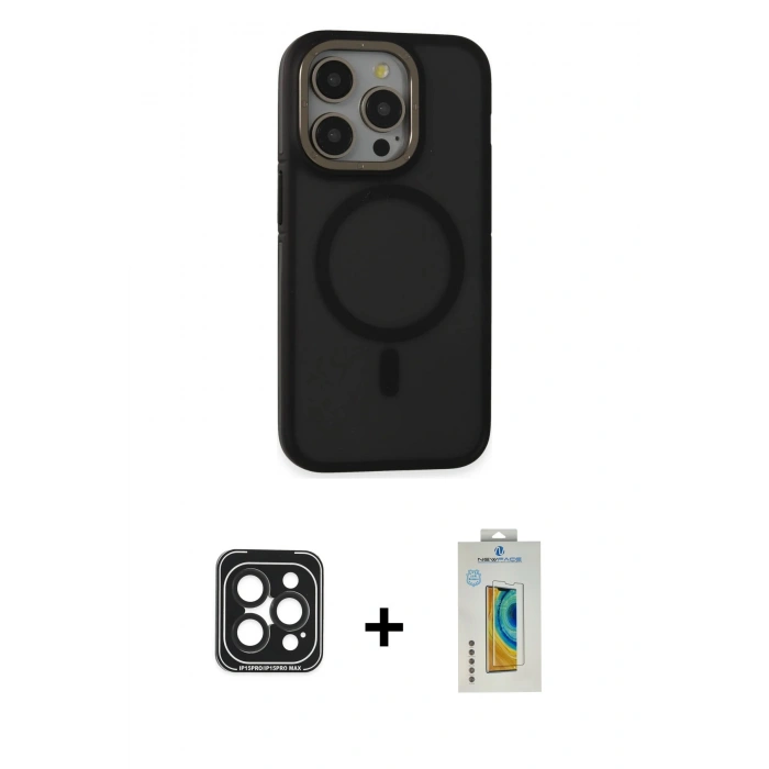 MARSİLYAN™- iPhone 15 Pro Max Kılıf Ahenk Form Serisi - Siyah Polymer Nano Ekran Koruyucu + PVD Metal Kamera Lens - SH