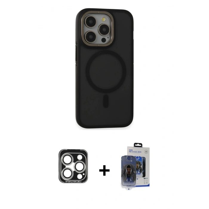 MARSİLYAN™- iPhone 15 Pro Max Kılıf Ahenk Form Serisi - Siyah Vanessa Magic Cam + PVD Metal Kamera Lens - GS