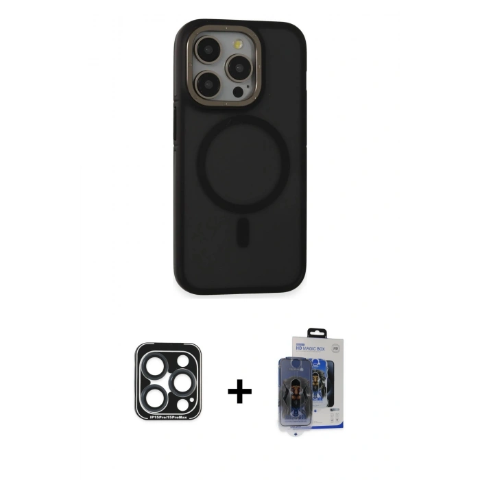 MARSİLYAN™- iPhone 15 Pro Max Kılıf Ahenk Form Serisi - Siyah Vanessa Magic Cam + PVD Metal Kamera Lens - LT