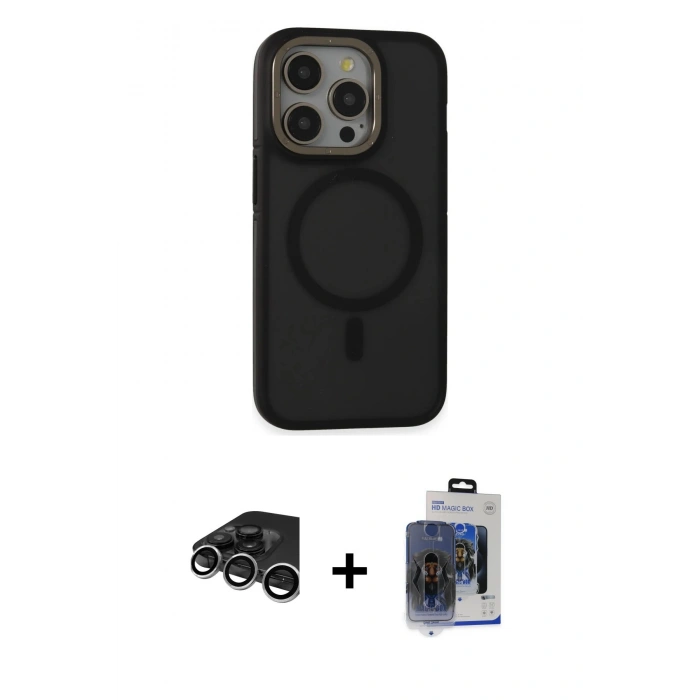 MARSİLYAN™- iPhone 15 Pro Max Kılıf Ahenk Form Serisi - Siyah Vanessa Magic Cam + Raze Metal Kamera Lens - GS