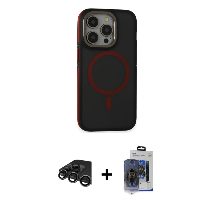 MARSİLYAN™- iPhone 15 Pro Max Kılıf Ahenk Form Serisi - Siyah Vanessa Magic Cam + Raze Metal Kamera Lens - TMGI