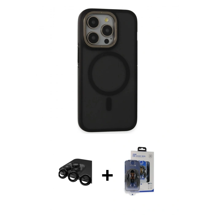 MARSİLYAN™- iPhone 15 Pro Max Kılıf Ahenk Form Serisi - Siyah Vanessa Magic Cam + Siyah Raze Metal Kamera Lens