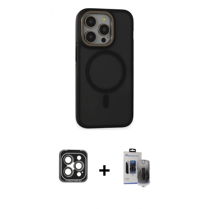 MARSİLYAN™- iPhone 15 Pro Max Kılıf Ahenk Form Serisi - Siyah Vanessa Magic Hayalet Cam + PVD Metal Kamera Lens - GI