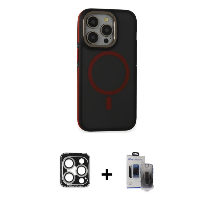 MARSİLYAN™- iPhone 15 Pro Max Kılıf Ahenk Form Serisi - Siyah Vanessa Magic Hayalet Cam + PVD Metal Kamera Lens - GS