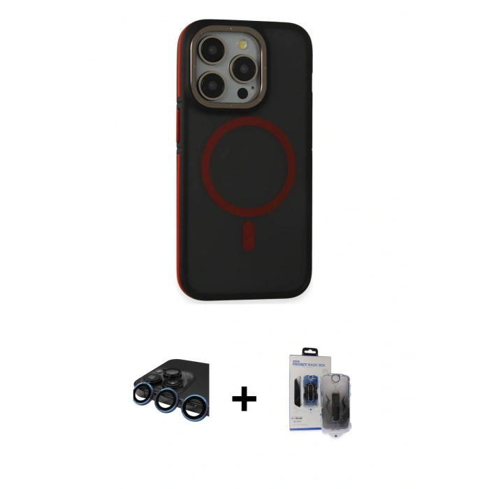 MARSİLYAN™- iPhone 15 Pro Max Kılıf Ahenk Form Serisi - Siyah Vanessa Magic Hayalet Cam + Raze Metal Kamera Lens - LT
