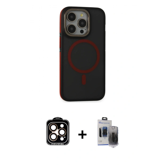 MARSİLYAN™- iPhone 15 Pro Max Kılıf Ahenk Form Serisi - Siyah Vanessa Magic Hayalet Cam + PVD Metal Kamera Lens - TU