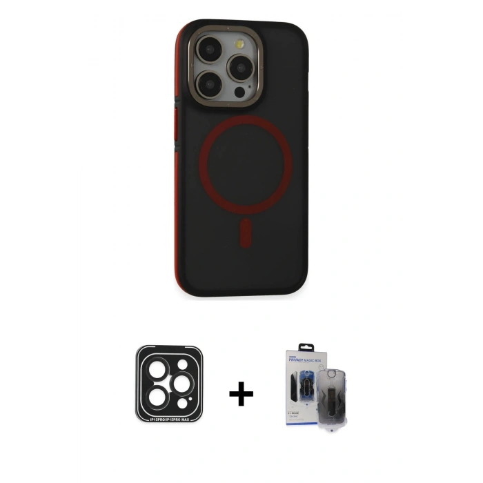 MARSİLYAN™- iPhone 15 Pro Max Kılıf Ahenk Form Serisi - Siyah Vanessa Magic Hayalet Cam + PVD Metal Kamera Lens - SH