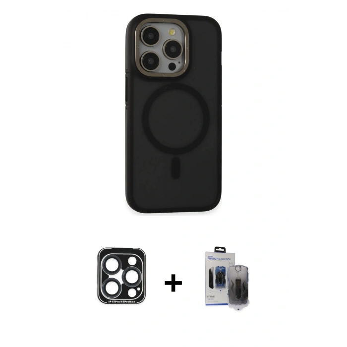 MARSİLYAN™- iPhone 15 Pro Max Kılıf Ahenk Form Serisi - Siyah Vanessa Magic Hayalet Cam + PVD Metal Kamera Lens - LT