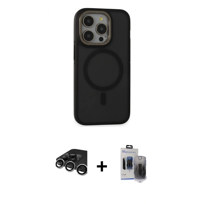 MARSİLYAN™- iPhone 15 Pro Max Kılıf Ahenk Form Serisi - Siyah Vanessa Magic Hayalet Cam + Raze Metal Kamera Lens - GS