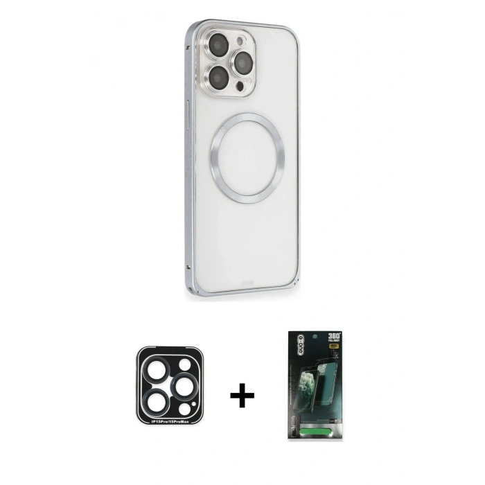 MARSİLYAN™- iPhone 15 Pro Max Kılıf Ahenk Işık Serisi - Şeffaf 360 Full Body Arka Koruyucu + PVD Metal Kamera Lens - LT