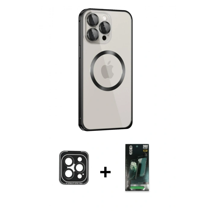 MARSİLYAN™- iPhone 15 Pro Max Kılıf Ahenk Işık Serisi - Şeffaf 360 Full Body Arka Koruyucu + Siyah PVD Metal Kamera Lens