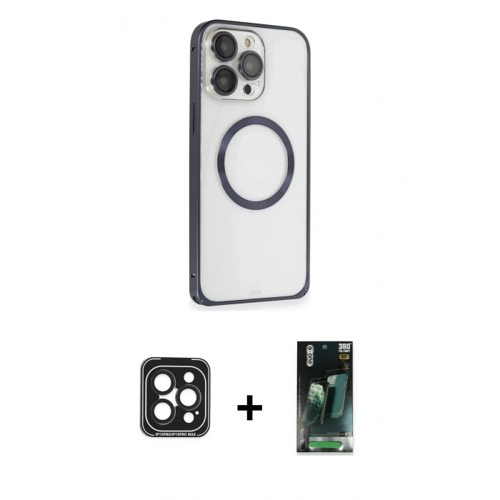 MARSİLYAN™- iPhone 15 Pro Max Kılıf Ahenk Işık Serisi - Şeffaf 360 Full Body Arka Koruyucu + Siyah PVD Metal Kamera Lens