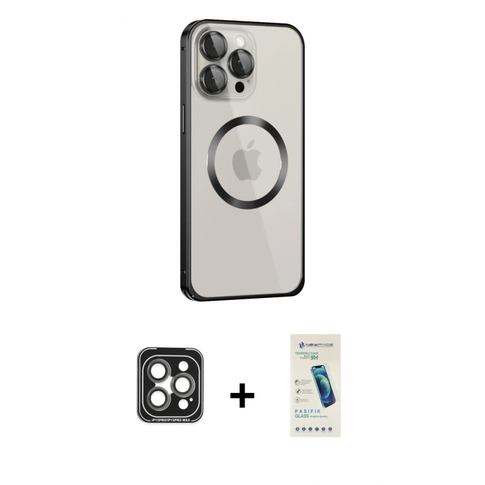 MARSİLYAN™- iPhone 15 Pro Max Kılıf Ahenk Işık Serisi - Şeffaf Pasifik Cam Ekran Koruyucu + PVD Metal Kamera Lens - GI