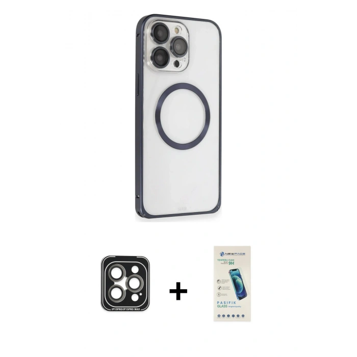 MARSİLYAN™- iPhone 15 Pro Max Kılıf Ahenk Işık Serisi - Şeffaf Pasifik Cam Ekran Koruyucu + PVD Metal Kamera Lens - GI