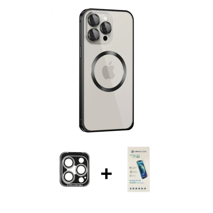 MARSİLYAN™- iPhone 15 Pro Max Kılıf Ahenk Işık Serisi - Şeffaf Pasifik Cam Ekran Koruyucu + PVD Metal Kamera Lens - GS