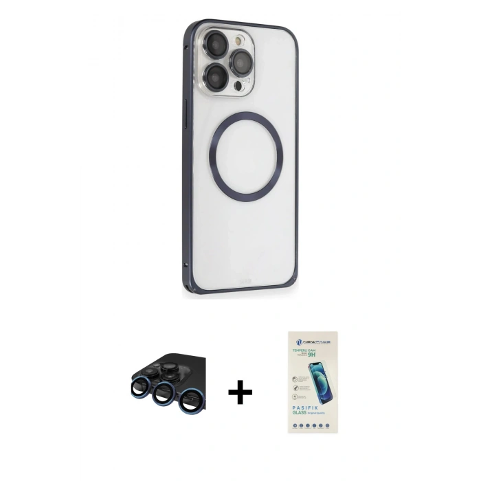 MARSİLYAN™- iPhone 15 Pro Max Kılıf Ahenk Işık Serisi - Şeffaf Pasifik Cam Ekran Koruyucu + Raze Metal Kamera Lens - LT