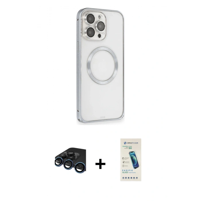 MARSİLYAN™- iPhone 15 Pro Max Kılıf Ahenk Işık Serisi - Şeffaf Pasifik Cam Ekran Koruyucu + Raze Metal Kamera Lens - LT