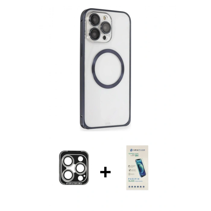 MARSİLYAN™- iPhone 15 Pro Max Kılıf Ahenk Işık Serisi - Şeffaf Pasifik Cam Ekran Koruyucu + PVD Metal Kamera Lens - GS