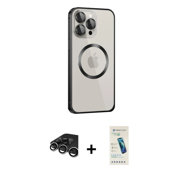 MARSİLYAN™- iPhone 15 Pro Max Kılıf Ahenk Işık Serisi - Şeffaf Pasifik Cam Ekran Koruyucu + Raze Metal Kamera Lens - GS
