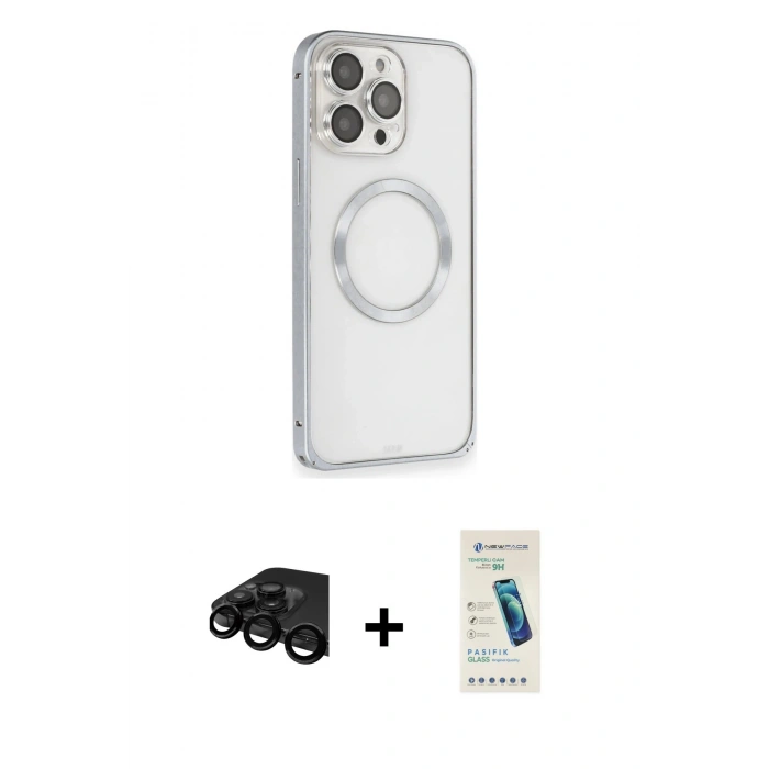 MARSİLYAN™- iPhone 15 Pro Max Kılıf Ahenk Işık Serisi - Şeffaf Pasifik Cam Ekran Koruyucu + Raze Metal Kamera Lens - SH