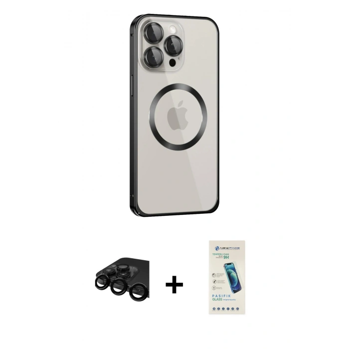 MARSİLYAN™- iPhone 15 Pro Max Kılıf Ahenk Işık Serisi - Şeffaf Pasifik Cam Ekran Koruyucu + Raze Metal Kamera Lens - SH
