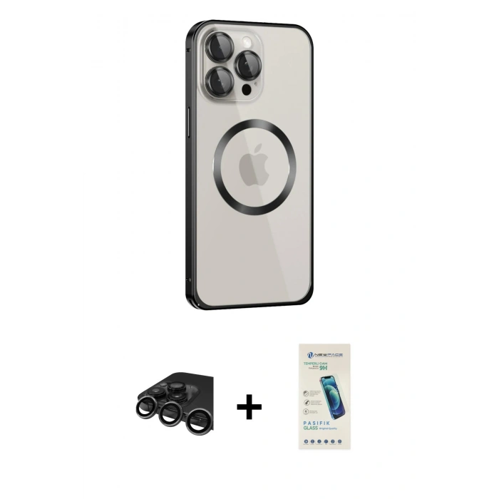 MARSİLYAN™- iPhone 15 Pro Max Kılıf Ahenk Işık Serisi - Şeffaf Pasifik Cam Ekran Koruyucu + Raze Metal Kamera Lens - TMGI