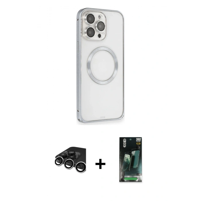 MARSİLYAN™- iPhone 15 Pro Max Kılıf Ahenk Işık Serisi - Siyah 360 Mat Full Body Arka Koruyucu + Gümüş Raze Metal Kamera Lens