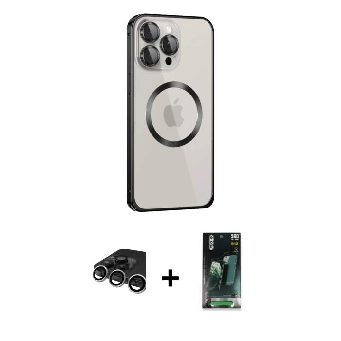 MARSİLYAN™- iPhone 15 Pro Max Kılıf Ahenk Işık Serisi - Siyah 360 Mat Full Body Arka Koruyucu + Gümüş Raze Metal Kamera Lens