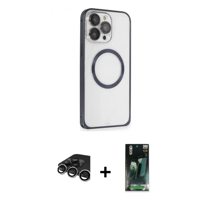 MARSİLYAN™- iPhone 15 Pro Max Kılıf Ahenk Işık Serisi - Siyah 360 Mat Full Body Arka Koruyucu + Gümüş Raze Metal Kamera Lens