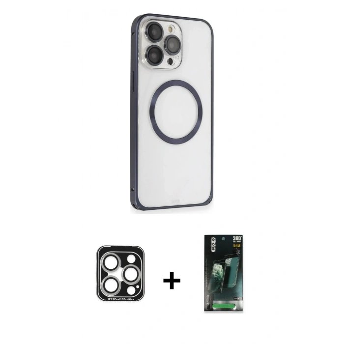 MARSİLYAN™- iPhone 15 Pro Max Kılıf Ahenk Işık Serisi - Siyah 360 Mat Full Body Arka Koruyucu + PVD Metal Kamera Lens - GS