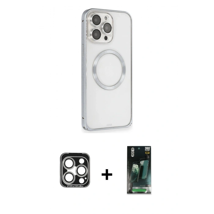 MARSİLYAN™- iPhone 15 Pro Max Kılıf Ahenk Işık Serisi - Siyah 360 Mat Full Body Arka Koruyucu + PVD Metal Kamera Lens - GS