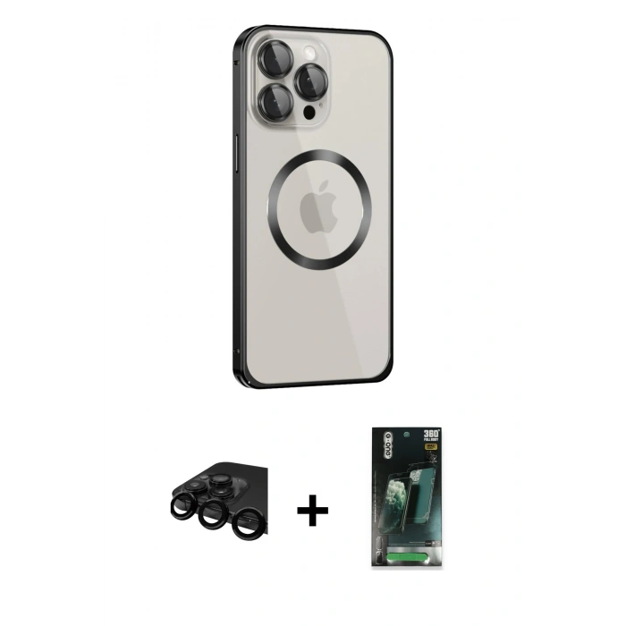 MARSİLYAN™- iPhone 15 Pro Max Kılıf Ahenk Işık Serisi - Siyah 360 Mat Full Body Arka Koruyucu + Raze Metal Kamera Lens - SH