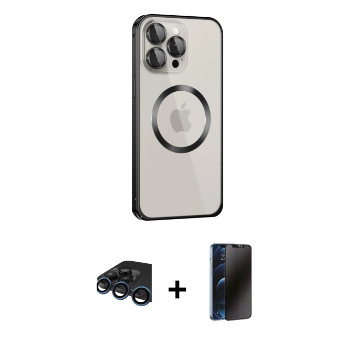 MARSİLYAN™- iPhone 15 Pro Max Kılıf Ahenk Işık Serisi - Siyah 3D Antistatik Hayalet Cam Ekran Koruyucu + Raze Metal Kamera Lens - LT