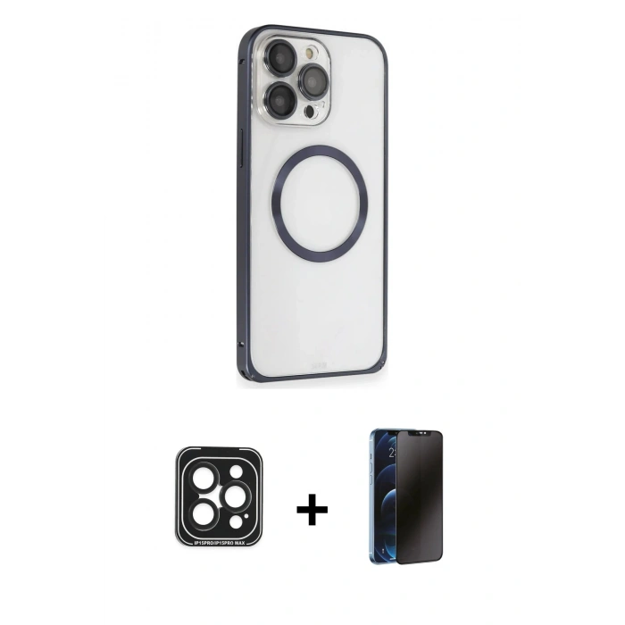 MARSİLYAN™- iPhone 15 Pro Max Kılıf Ahenk Işık Serisi - Siyah 3D Antistatik Hayalet Cam Ekran Koruyucu + PVD Metal Kamera Lens - SH