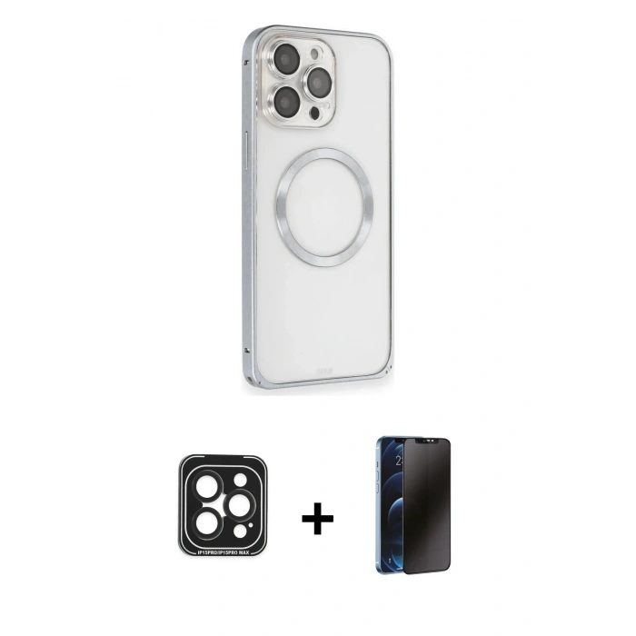MARSİLYAN™- iPhone 15 Pro Max Kılıf Ahenk Işık Serisi - Siyah 3D Antistatik Hayalet Cam Ekran Koruyucu + PVD Metal Kamera Lens - SH