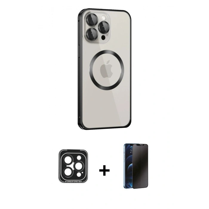 MARSİLYAN™- iPhone 15 Pro Max Kılıf Ahenk Işık Serisi - Siyah 3D Antistatik Hayalet Cam Ekran Koruyucu + PVD Metal Kamera Lens - SH