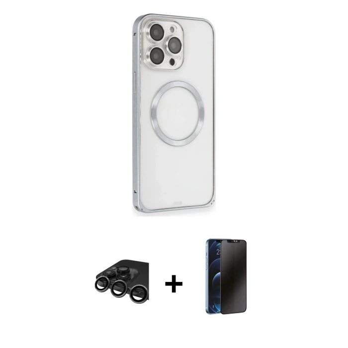 MARSİLYAN™- iPhone 15 Pro Max Kılıf Ahenk Işık Serisi - Siyah 3D Antistatik Hayalet Cam Ekran Koruyucu + Raze Metal Kamera Lens - TMGI