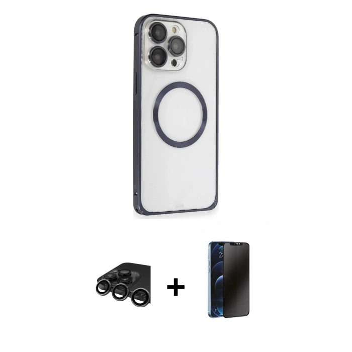 MARSİLYAN™- iPhone 15 Pro Max Kılıf Ahenk Işık Serisi - Siyah 3D Antistatik Hayalet Cam Ekran Koruyucu + Raze Metal Kamera Lens - TMGI