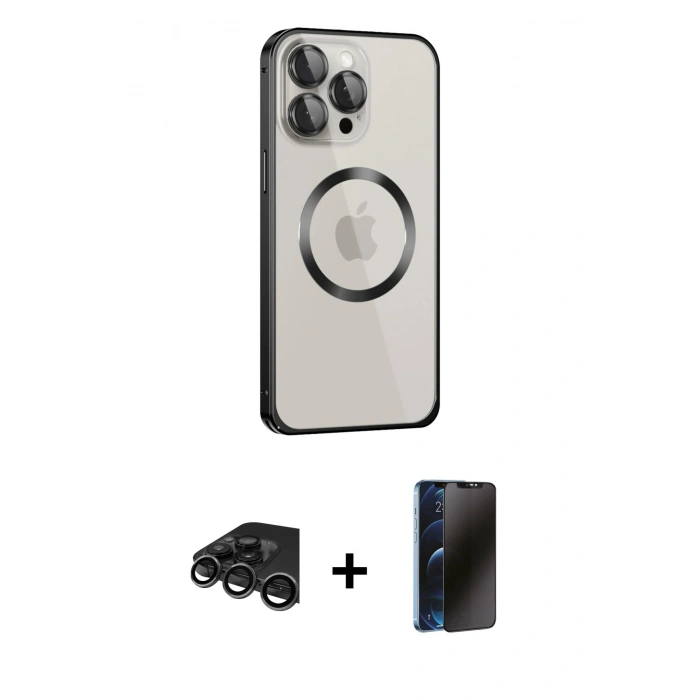 MARSİLYAN™- iPhone 15 Pro Max Kılıf Ahenk Işık Serisi - Siyah 3D Antistatik Hayalet Cam Ekran Koruyucu + Raze Metal Kamera Lens - TMGI