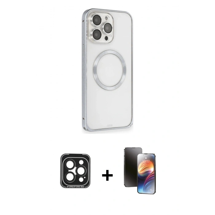 MARSİLYAN™- iPhone 15 Pro Max Kılıf Ahenk Işık Serisi - Siyah 3D Antistatik Mat Seramik Nano Ekran Koruyucu + PVD Metal Kamera Lens - SH